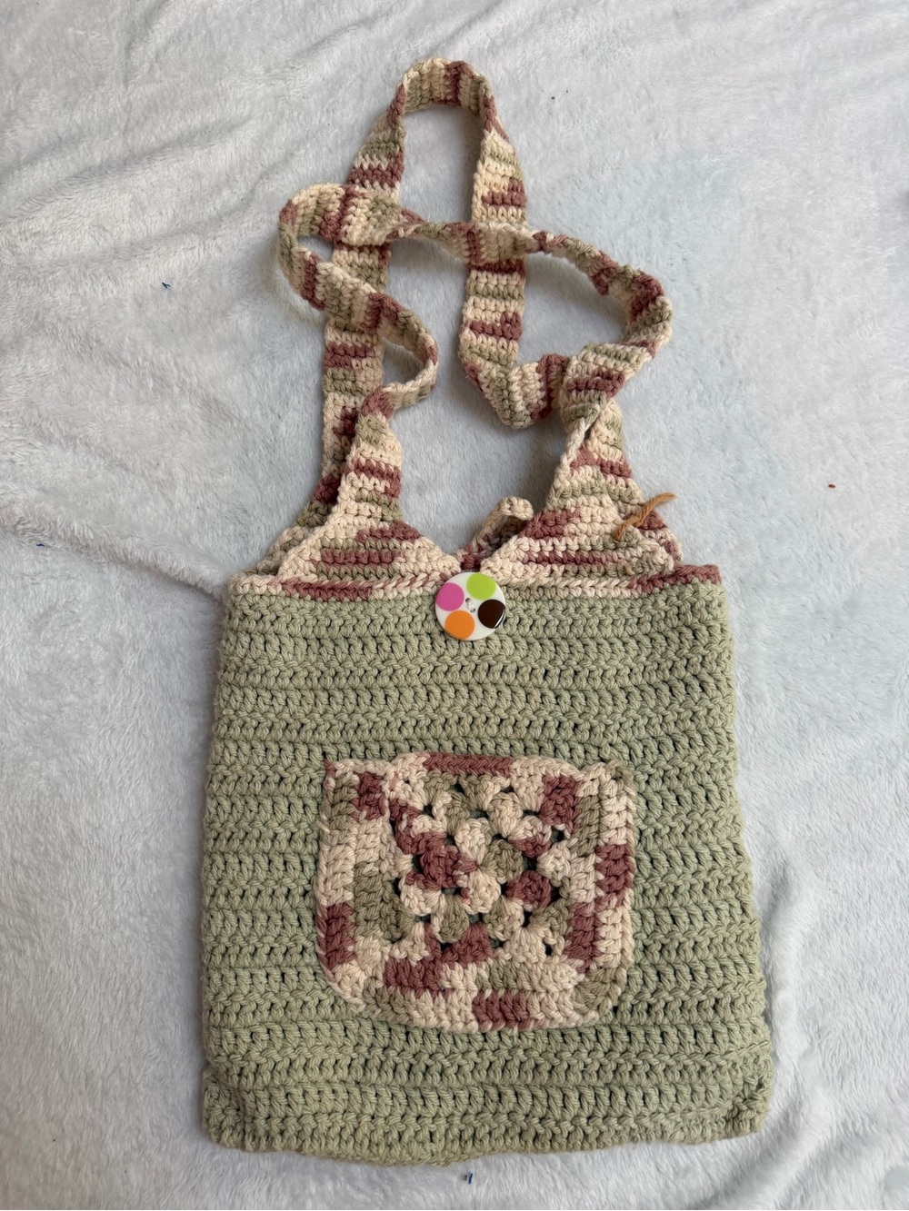 Handmade Crochet Granny Square Shoulder Bag Sage Green Floral Lined